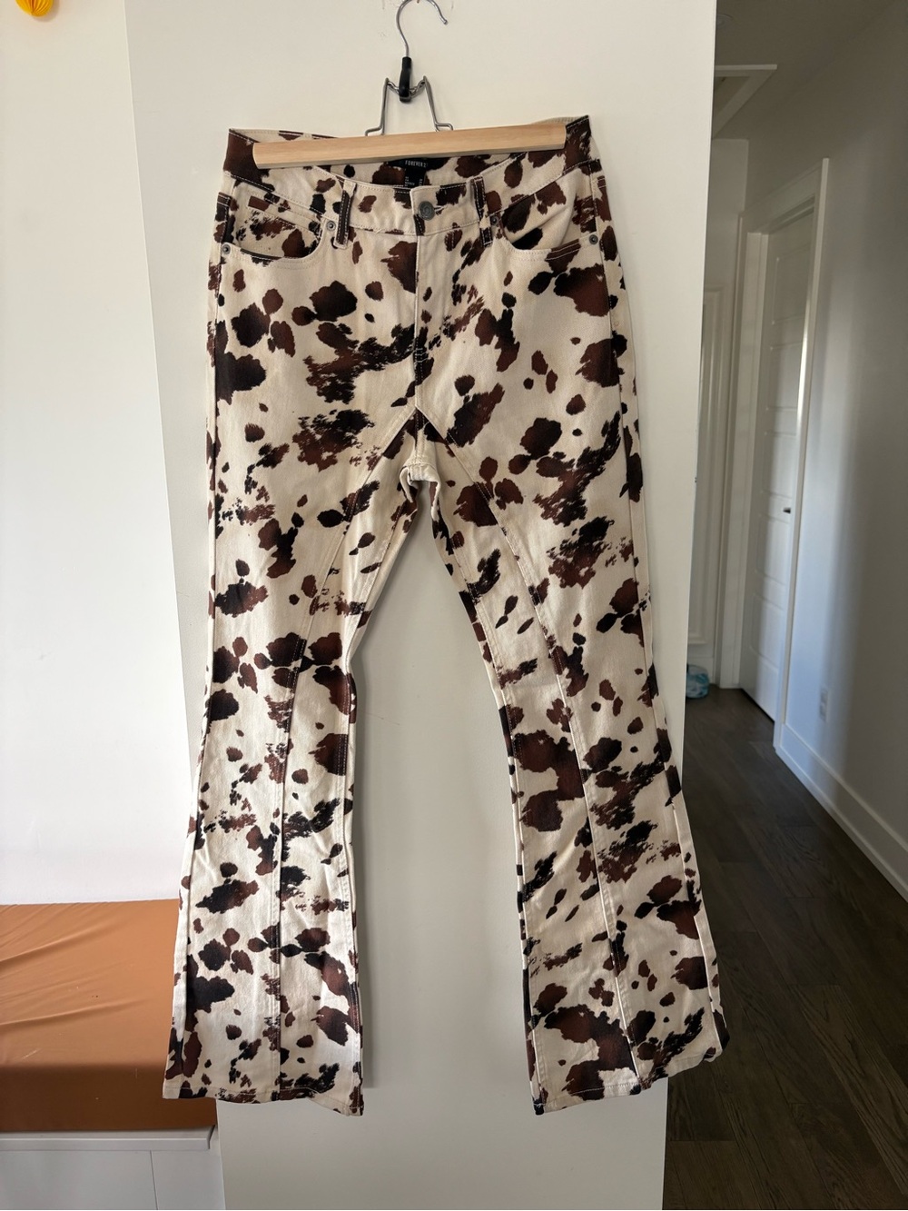 Forever 21 Cow Print Denim Jeans in Cream and Brown